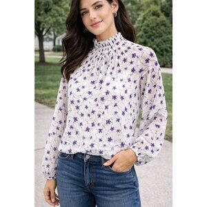 Elizabeth and James Floral Smocked Neck  2 Blouse Purple White Sheer Size S